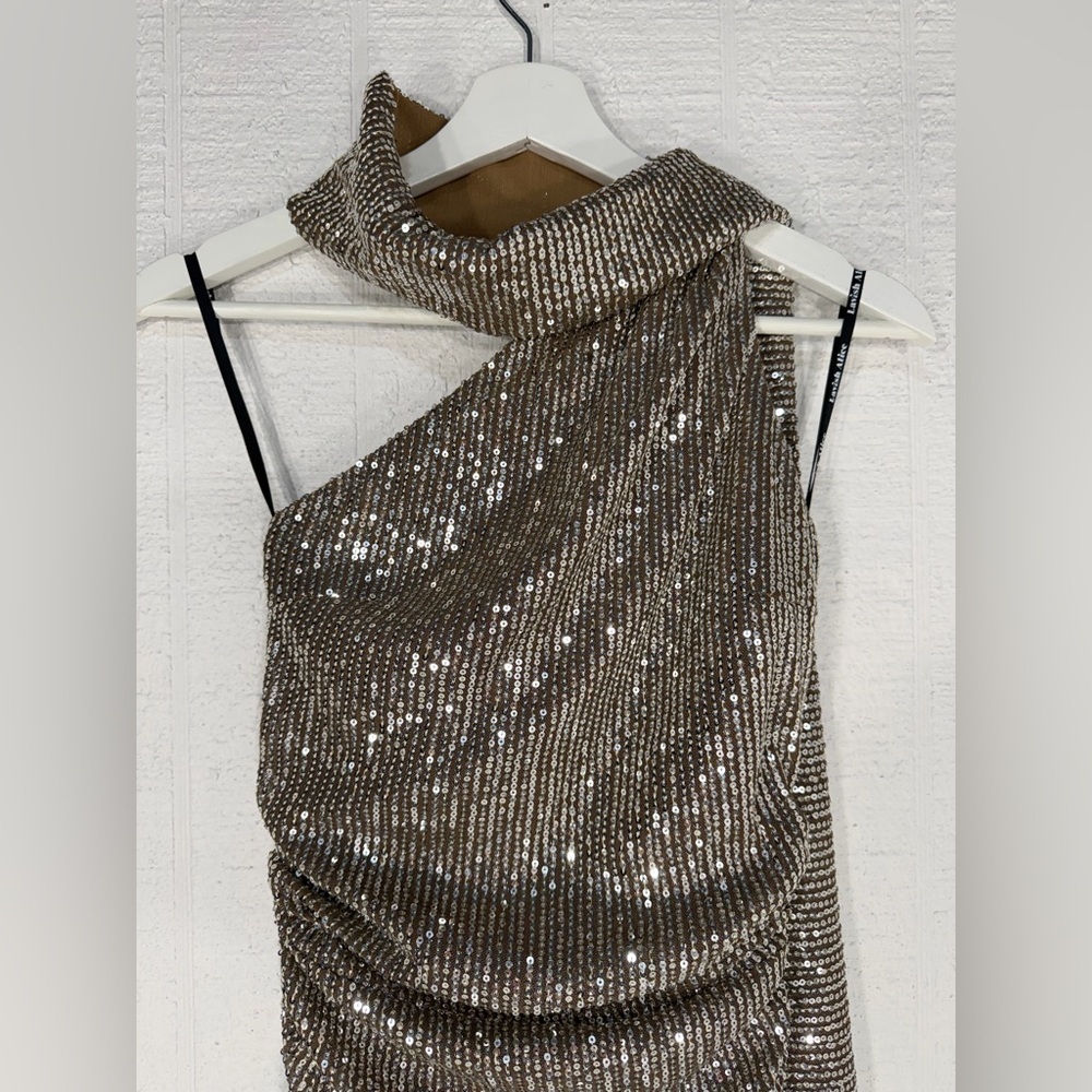 NWT Lavish Alice ALANNI Stretch Sequin Scarf evening gown Silver brown size 2 - Picture 3 of 16